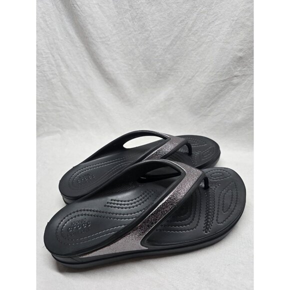 Crocs Shoes Womens Size 9 Sloane Black Silver Comfort Flip Flops Thong Sandals - Picture 3 of 7